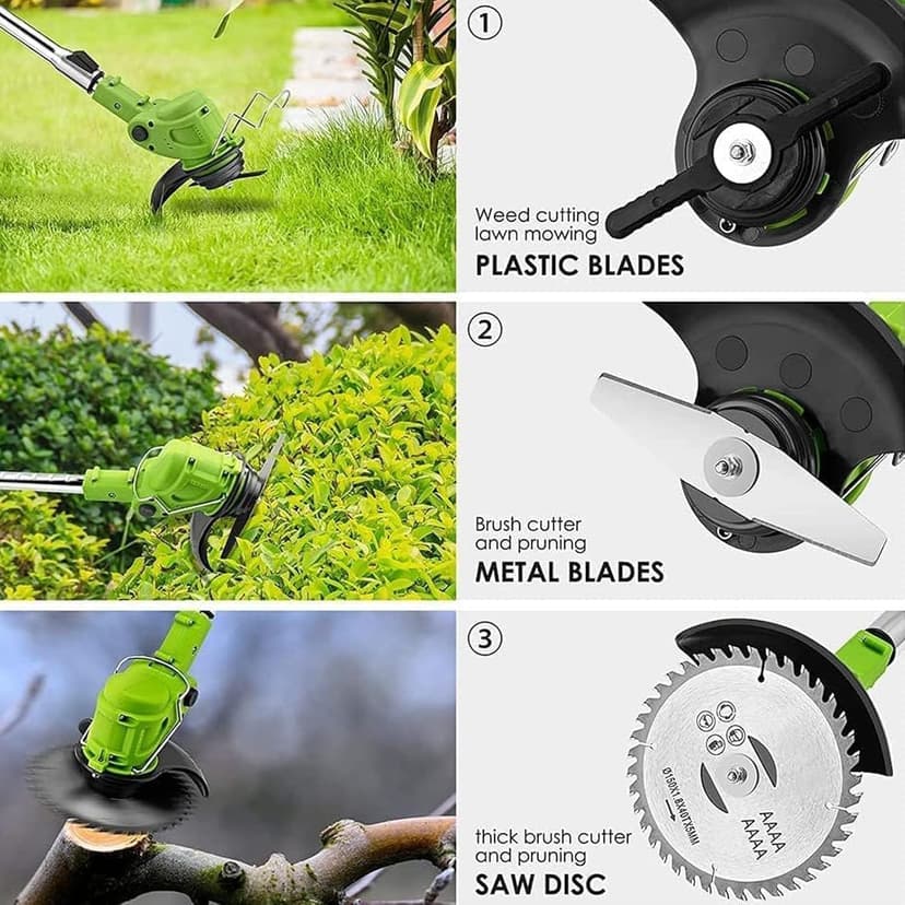 Electric Weed Wacker 24V Electric Weed Cordless Eater with 2pcs Batteries and 3 Types Blades&Auxiliary Wheel Weed Trimmer Lightweight 3 in 1 Stringless Grass Trimmer Edger/Brush Cutter for Lawn