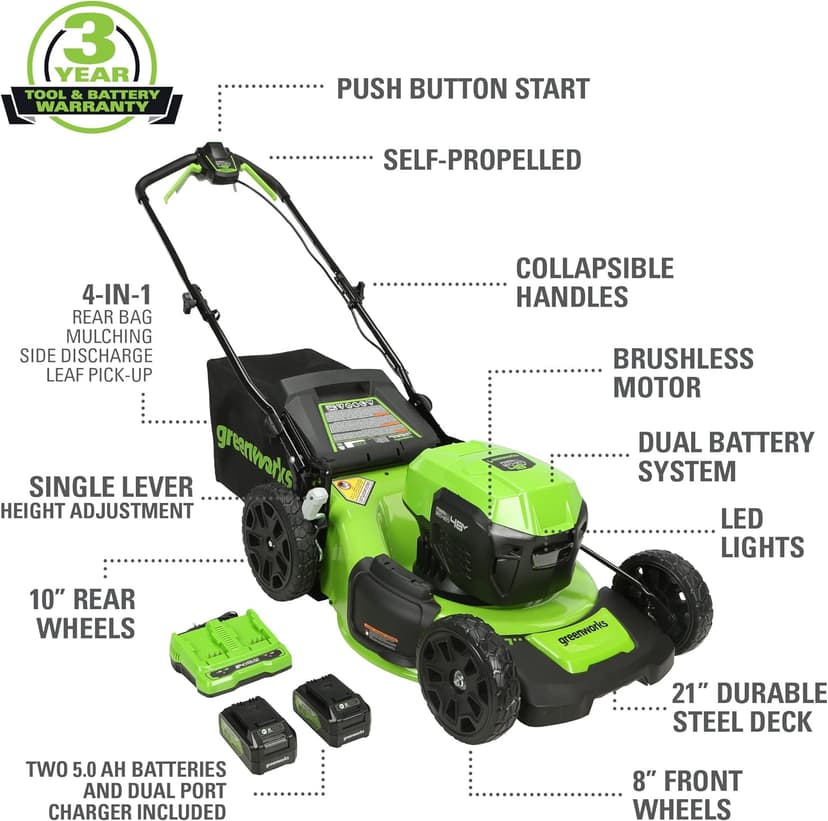 Greenworks 48V (2x24V) High - Performance Cordless Yard Tool Combo: 21" Self - Propelled Lawn Mower, 12" Trimmer & Blower, with 3 Batteries & 2 Chargers