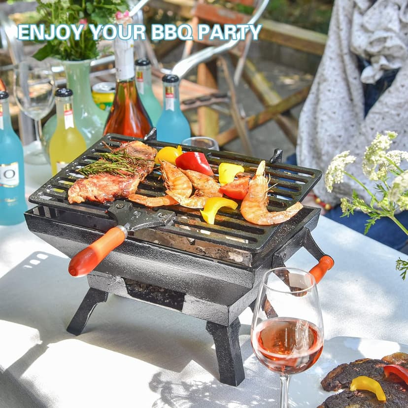 Sungmor Small Cast Iron Charcoal Grill Stove w/ 12" x 6.8" Gridiron, Heavy Duty Tabletop BBQ Grill, Balcony Yard Outdoor Hibachi Grills Steak Chicken Meat Cooker, Camping Party Barbecue Smoker Grill