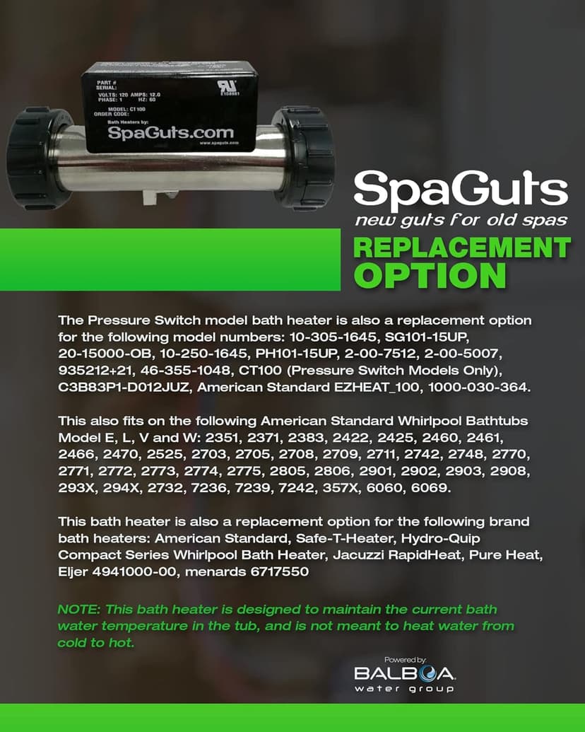 SpaGuts 25-150-0001 Universal Inline Bath Heater Kit, 1.5KW, 110V, 7x1.5 inches, with Built-in Pressure Switch