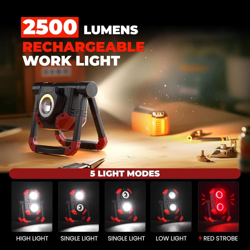 Yzoni 2 Pack LED Work Light Rechargeable, 2 COB 2500LM Folding Portable Flood Light with Magnetic Base and 360° Rotation Stand, Spotlights for Camping Car Repairing Emergency Job Site Lighting