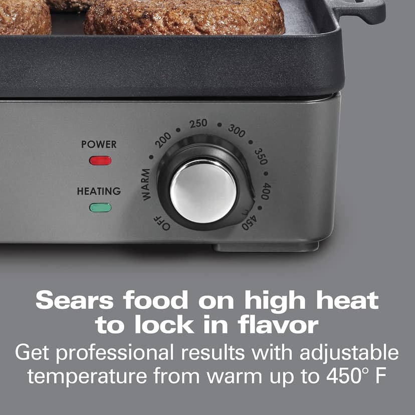 Hamilton Beach Professional Cast Iron Indoor Electric Grill & Griddle, 10" x 16" Preseasoned Cooking Surface, Adjustable Temperature up to 450° F, Black (38560)