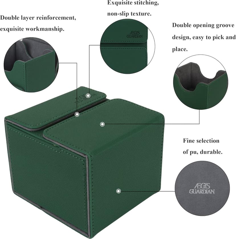 AEGIS GUARDIAN Card Deck Box with Dice Tray for MTG Cards, Commander Deck Box fit 150+ Sleeved Cards, PU Leather Card Storage Box Strong Magnet Deck Game Case for TCG CCG, Green
