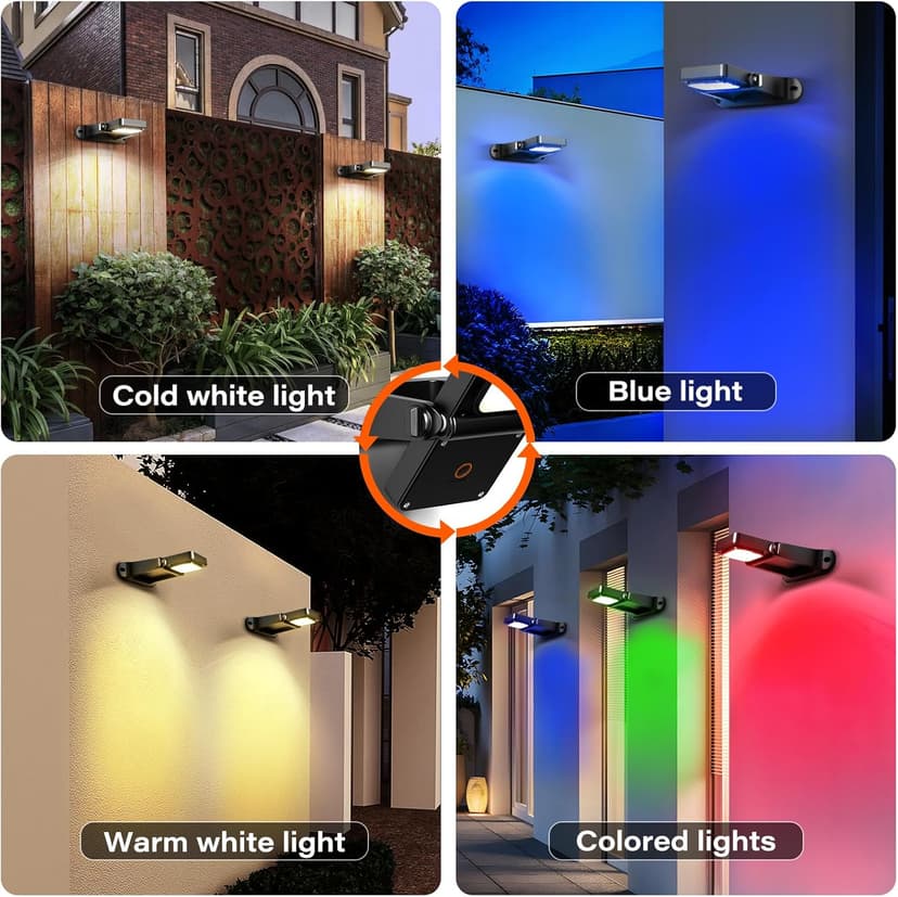 200LM Solar Lights Outdoor Waterproof 2200mAh Solar Fence Lights with 6 Modes & 360° Adjustable Solar Powered Lighting, Warm White/Cool White/RGB for Wall, Patio, Steps, Garden, Pool - 4 Pack