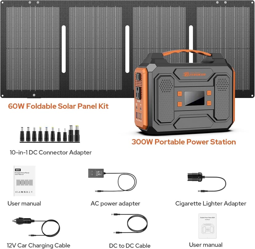 Portable Solar Generator, 300W Portable Power Station with Foldable 60W Solar Panel, 110V Pure Sine Wave, 280Wh Lithium Battery Pack with DC AC Outlet for Home Use RV Outdoor Camping Adventure