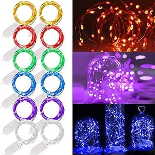 WATERGLIDE 12 Pack Fairy Lights Battery Operated (Included), 7 ft 20 LED Mini String Lights, Waterproof Silver Wire Firefly Starry Lights for DIY Wedding Christmas Party Mason Jars Decor, Multicolor