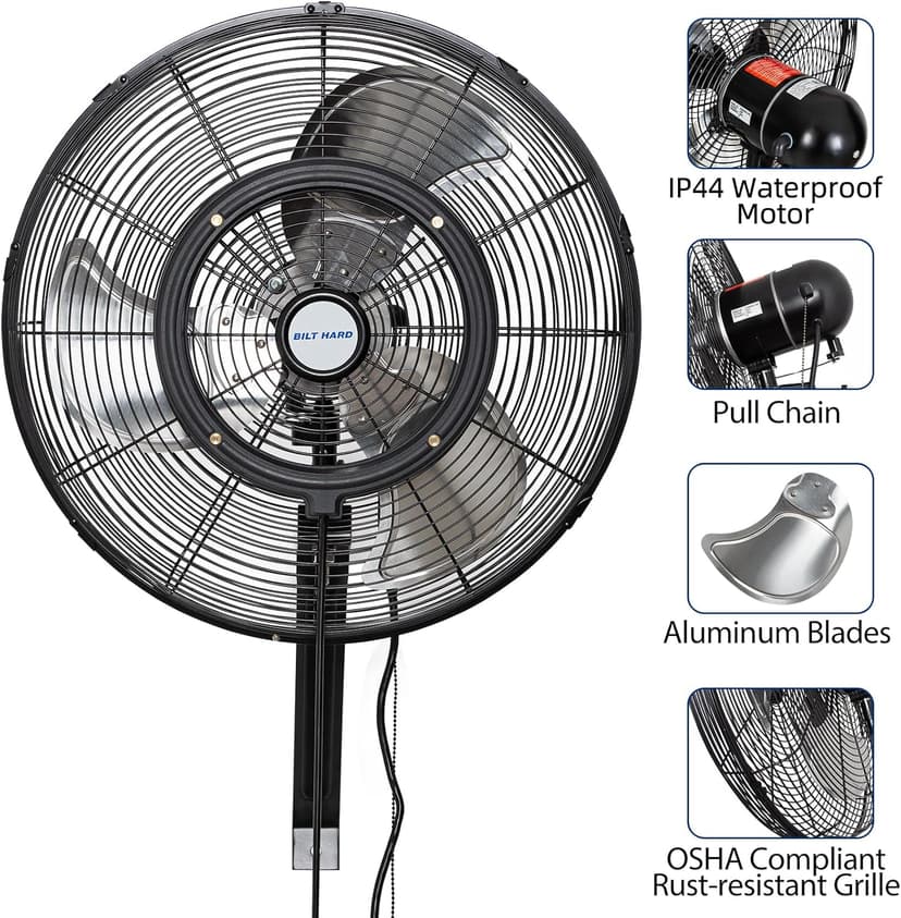 BILT HARD 20" Oscillating High-Velocity Outdoor Wall Misting Fan, 3-Speed Patio Fans for Outside, 80° Oscillation, Waterproof, Industrial Wall Mount Fan for Outdoor- UL Listed