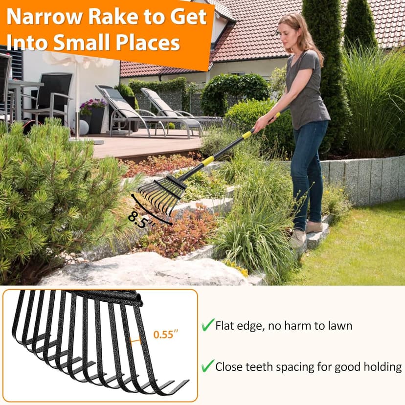 Garden Rake for Leaves, 65 inch Long Rake, 11 Tines Small Narrow Rake, Heavy Duty Metal Leaf Rakes with Adjustable Steel Handle for Lawns Yard Flower Bed Grass Mulch Shrub Camping Gardening