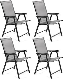 Yaheetech Patio Dining Chairs Set of 4 with Armrests, Outdoor Folding Chairs with Metal Frame and Backrest for Lawn, Garden, Yard and Poolside, Gray