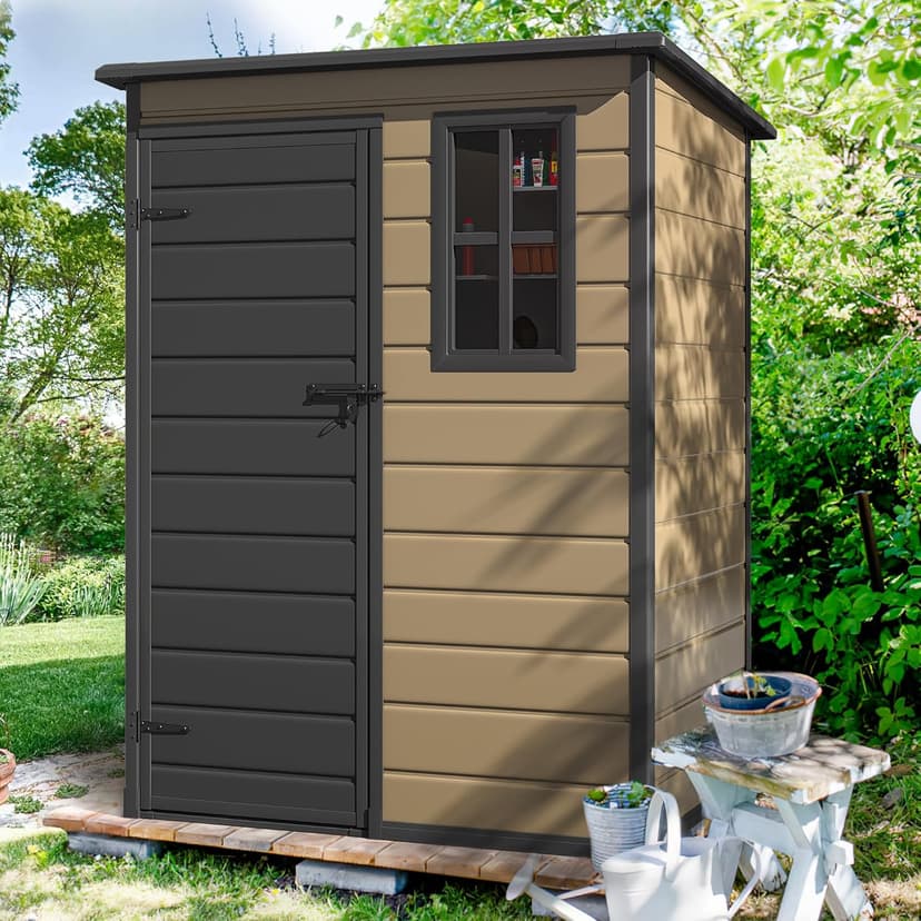 DWVO 5x3 FT Outdoor Storage Shed with Reinforced Floor, All-Weather Resin Storage Shed with Lockable Door & Window, Waterproof Plastic Tool Storage for Garden, Backyard, Patio, Lawn