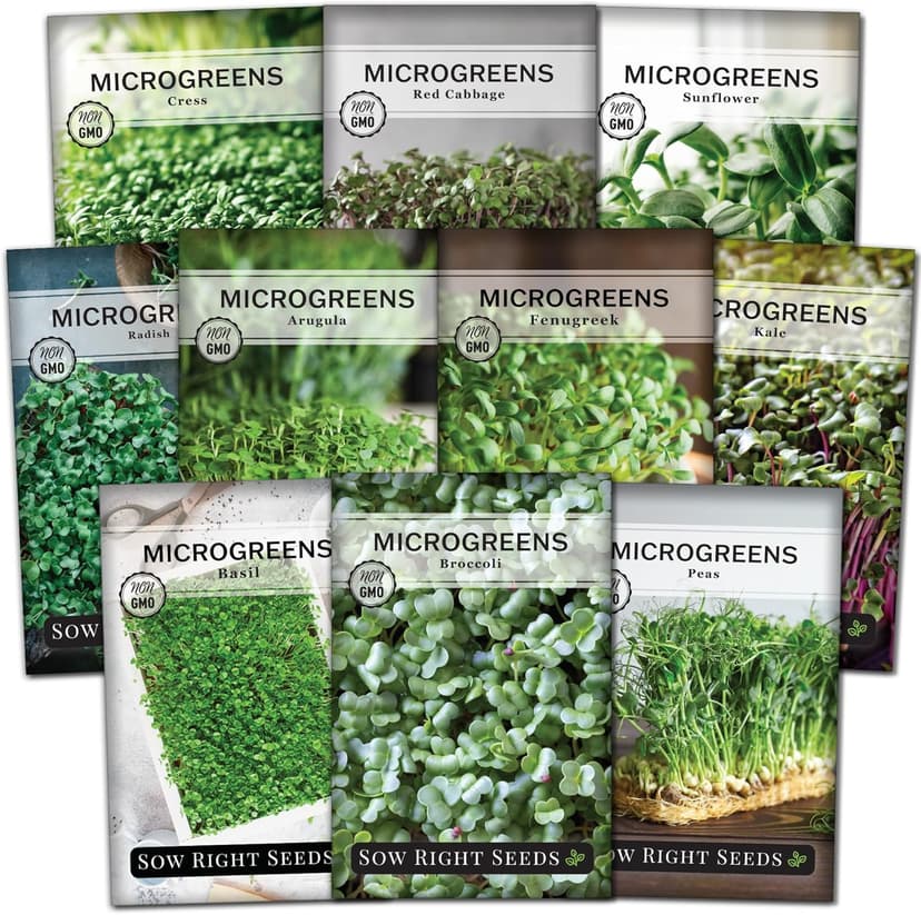 Sow Right Seeds - Microgreens Seed Sample Pack - 10 Packets of Healthy Superfoods to Sprout and Grow Indoors on Your Kitchen Counter - Broccoli, Cress, Sunflower, Arugula, Kale, Radish, Pea, and More