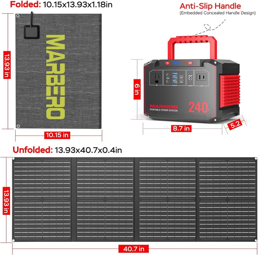 MARBERO Solar Generator 240Wh 300W Portable Power Station with Solar Panel 60W Included Backup Lithium Battery with AC Outlets for Camping Home Outdoor Emergency Hiking Travel