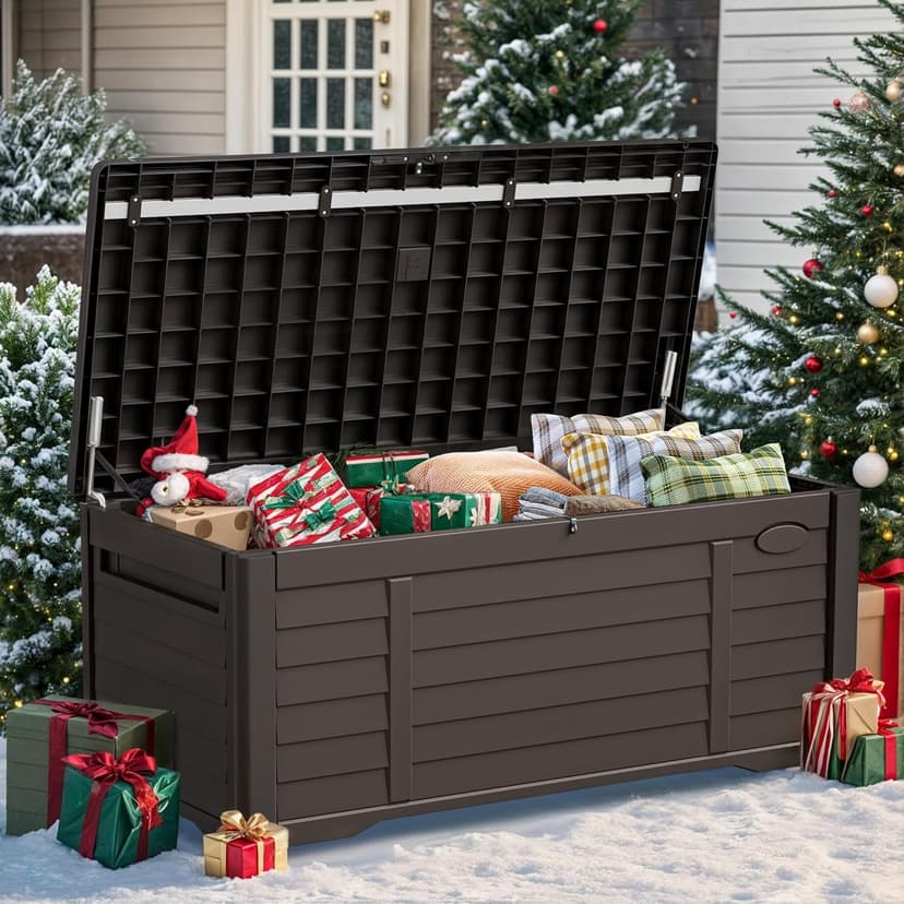 YITAHOME 120 Gallon Large Outdoor Storage Deck Box, Waterproof Cushion Storage Bench with Lockable Lid for Patio, Pool Supplies, Garden Tools, Resin, Dark Brown