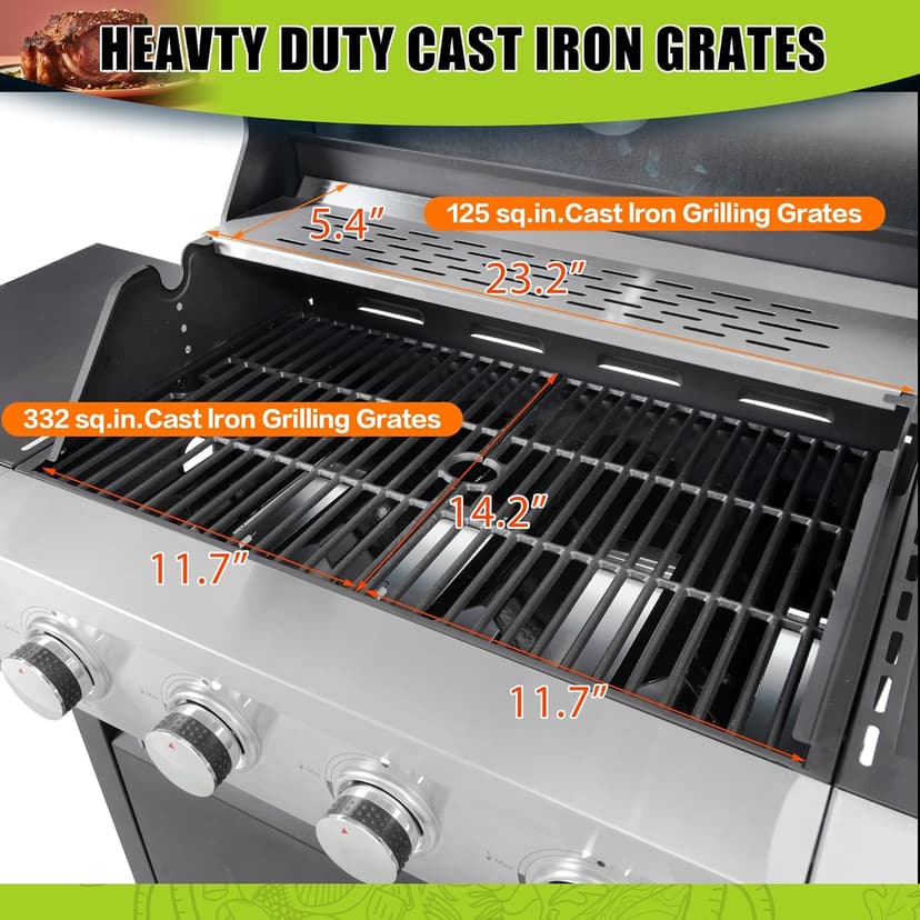 4 Burner Outdoor Propane Gas Grill with Side Burner & Thermometer, Stainless Steel Barbecue Grill with Wheels for Patio BBQ Cooking, Camping