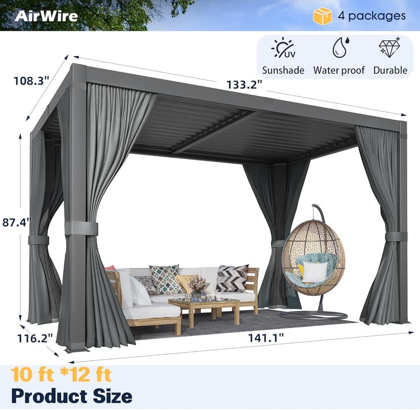 Pergola 10x12 Ft Louvered Pergola Aluminum Outdoor Pergolas W/Adjustable Roof, Waterproof Curtains and Nets Outdoor Gazebo for Deck,Patio,Backyard and Garden