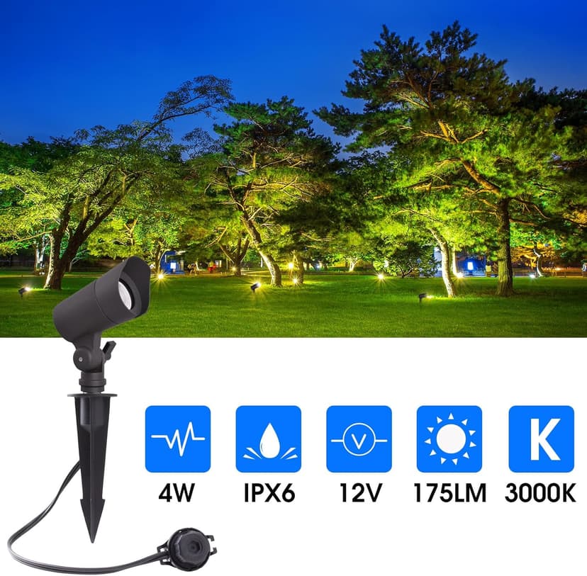 E ENERGETIC LIGHTING LED Landscape Lights with Connectors, 12V Low Voltage, Warm White 3000k, 4W, 175LM, Outdoor Waterproof Garden Pathway Lights Wall Tree Flag Spotlights with Spike Stand, 2 Pack