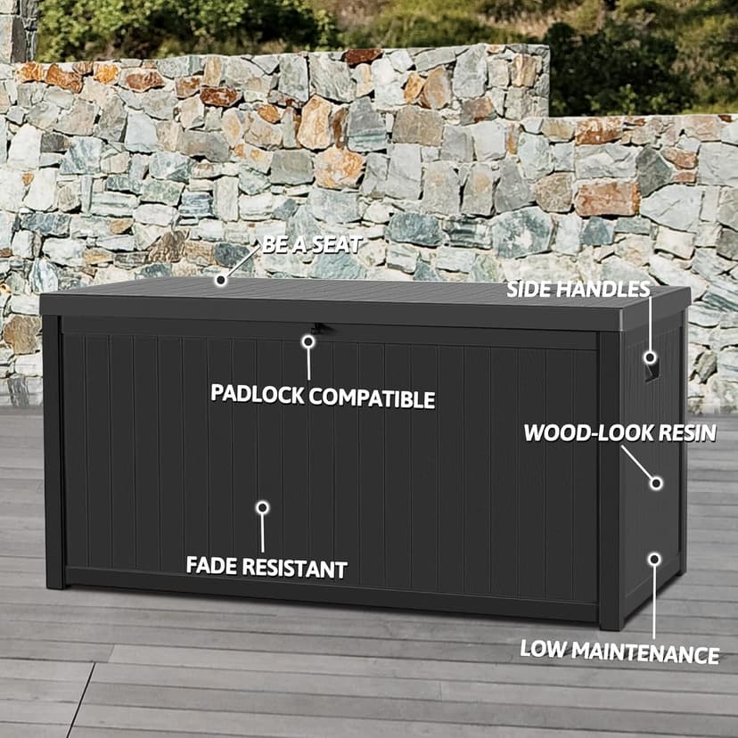 Resin Deck Box, 120 Gallon Large Outdoor Indoor Patio Storage Box Waterproof, Outside Storage Bin for Patio Furniture Covers, Cushion Pillows, Towels, Garden Tools, Black