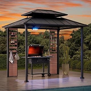 Sunjoy 7 x 9 ft. Grill Gazebo, 2-Tier Hardtop Gazebo Pergola with Ceiling Hooks and Storage Shelves, Matte Black