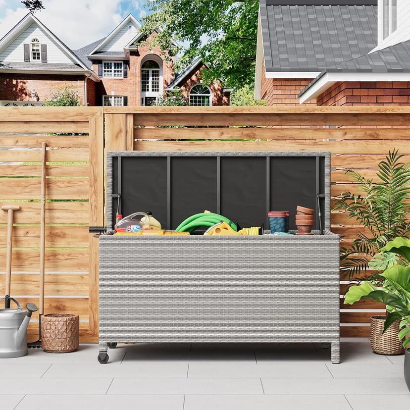 120 Gallon Outdoor Storage Box, Waterproof PE Rattan Deck Box With Wheels, Large Storage Bench for Patio Cushions, Tools, Pool Supplies, Grey