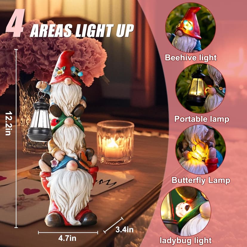 Garden Gnome Statue with Solar Lights Large Garden Sculptures Funny Triple Gnome Outdoor Patio Lawn Yard Balcony Garden Home Decor Gifts for Women Mom 12 in Fathers Day Gnome