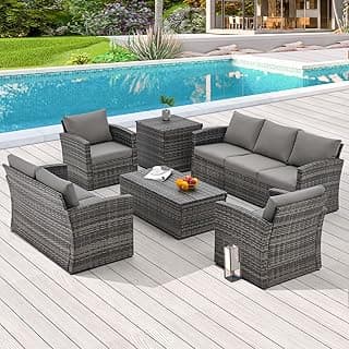 U-MAX 7 Pieces Outdoor Patio Furniture Sets w/Two Storage Boxes, Outdoor Conversation Set All-Weather PE Wicker Sectional Sofa Patio Sofa for Garden, Backyard, Deck, Grey Rattan& Grey Cushions