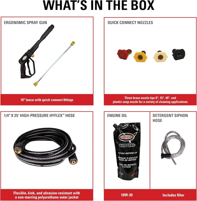 SIMPSON Cleaning MS61222-S MegaShot 3100 PSI Gas Pressure Washer, 2.3 GPM, CRX165 Engine, Includes Spray Gun, Extension Wand, On-Board Soap Tank, 4 QC Nozzles, 25-ft. Hyflex Hose, 49-State
