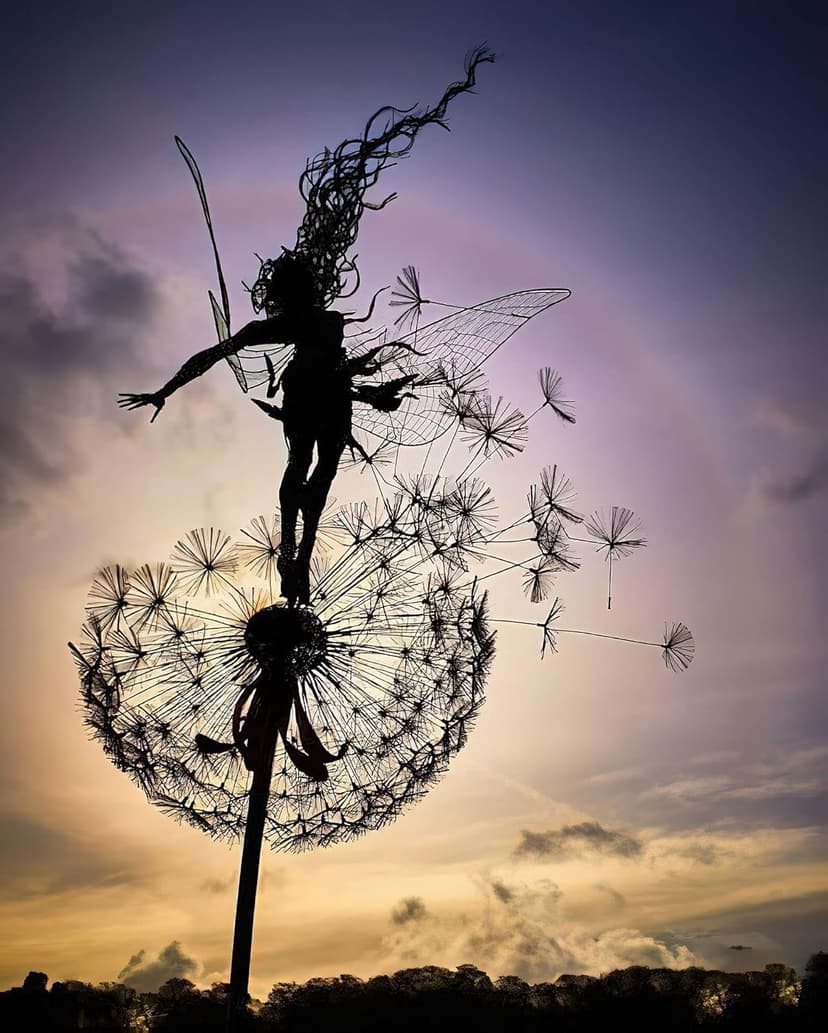 Flower Fairy Dancing with Dandelion Garden Art Sculpture Stainless Steel Statue Christmas Halloween Decoration for Outdoor Yard Courtyard Lawn Patio Metal Ornaments (Open Hands)