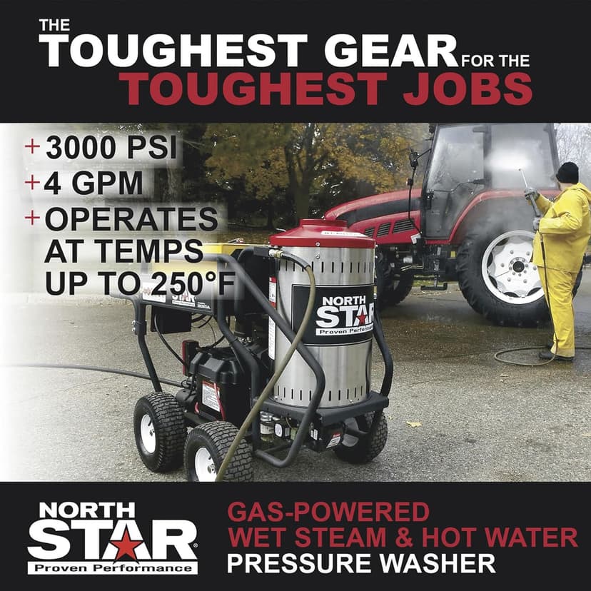 North Star Hot Water & Wet Steam Pressure Washer with Power Nozzles, Lance, Washing Gun, and Hose - Gas Powered, 3000 PSI, 4 GPM, Electric Start Honda Engine