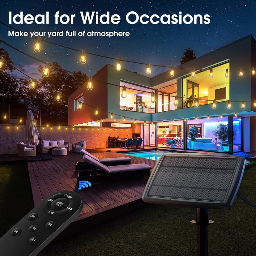 KYY 54FT Solar String Lights Outdoor Waterproof with USB Charging & Remote, Dimmable & Timable, Solar Powered Patio Lights with LED Shatterproof Bulbs for Deck Backyard Porch Garden Camping