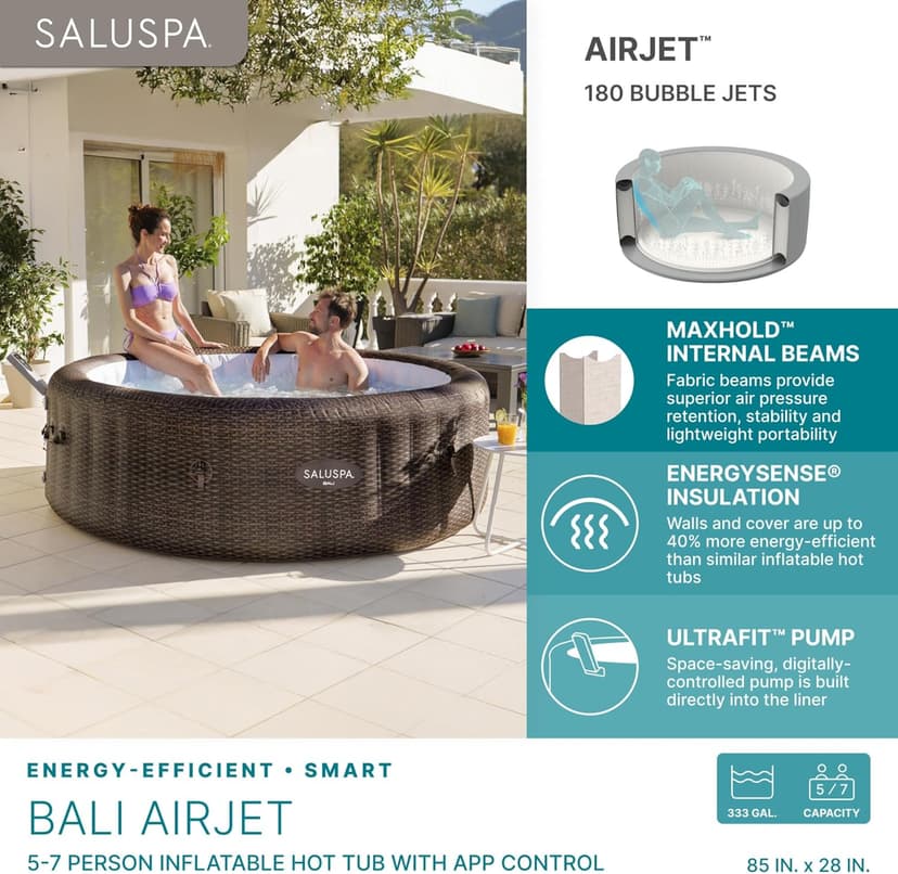 Bestway SaluSpa Bali Smart AirJet Inflatable Hot Tub Round Portable 5-7 Person Spa with 180 AirJets, App Control and EnergySense Cover, Brown Rattan