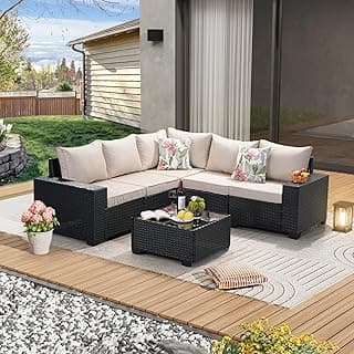 6 Pieces Patio Furniture Set All-Weather Outdoor Wicker Sectional Conversation Sofa Rattan Patio Seating Sofa with Cushion and Glass Table for Porch Poolside,Beige