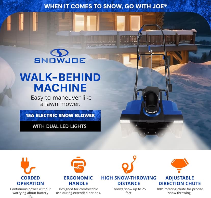Snow Joe 15A Electric Snow Blower with Dual LED Lights, 22" Walk-Behind Machine