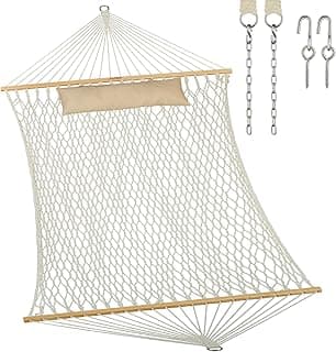 JoyView Traditional Rope Double Hammock - Hand Woven Cotton Hammock with Hardwood Spreader Bar and Pillow 450lb Capacity for Outdoor Indoor Patio Yard - Natural