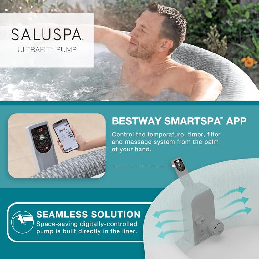 Bestway SaluSpa Bali Smart AirJet Inflatable Hot Tub Round Portable 4 to 6 Person Spa with 140 AirJets, App Control and EnergySense Cover, Grey Rattan