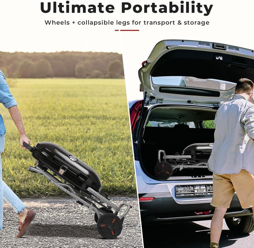 Portable Propane Gas Grill,15,000 BTU BBQ Grill with Top Cover Lid, 406 sq.in. Grilling Areas, 2 Wheels, Built-in Thermometer, Barbecue Gas Grill for Patio,Party,Black