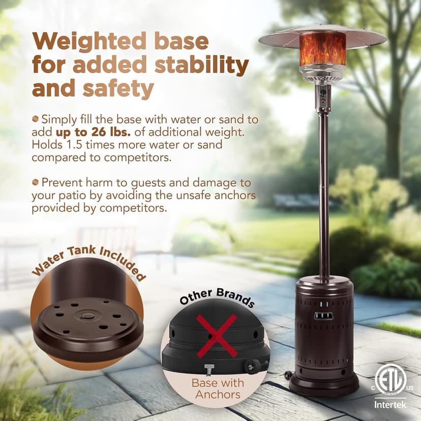 Amazon Basics 46,000 BTU Outdoor Propane Patio Heater with Wheels, Commercial & Residential, Havana Bronze, with Water Tank, 32.1 x 32.1 x 91.3 inches (LxWxH)