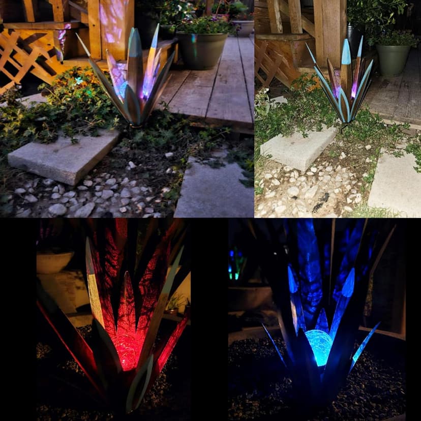 2pcs Tequila Sculpture Metal Agave Plant Home Decor Rustic Hand Painted Figurines Yard Decorations Lawn Ornaments（Multi-Color LED Solar Light ）