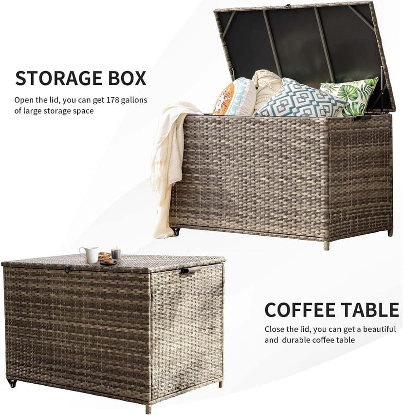 178 Gallon Outdoor Storage Box, Patio Deck Box with 2 Wheels, Handle Large Portable Wicker Rattan Deck Box for Patio Furniture Cushions, Throw Pillows, Garden Tools and Pool Floats (Gray)