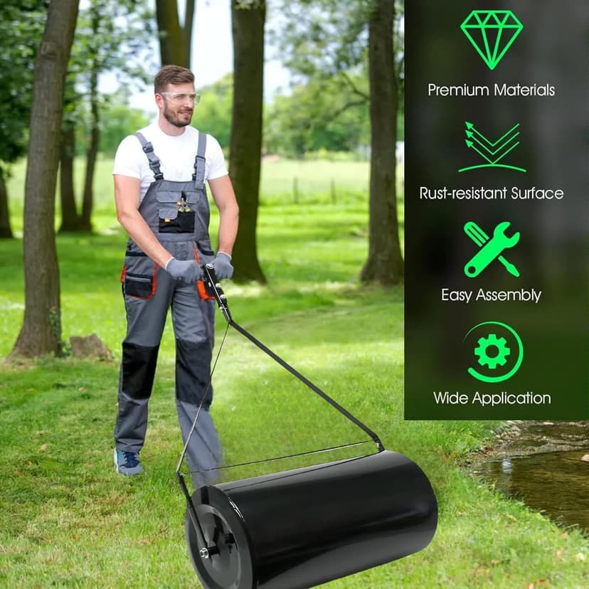 Lawn Roller,Combination Push/Tow Poly Lawn Roller with Easy Turn Tethered Plug,Durable Iron Garden Lawn Roller, 14 by 24", for Lawn and Garden Tractors (60L/16 Gallon)