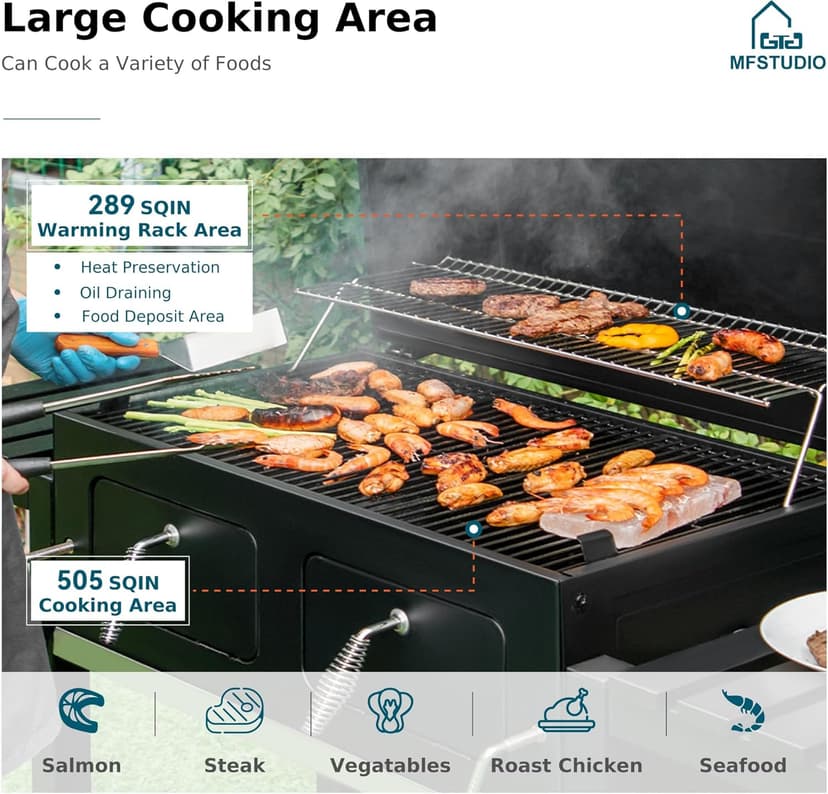 MFSTUDIO Multifunctional Extra Large 49 Inch BBQ Charcoal Grills with Temperature Control, Side Table and Easy Clean Ash Tray, Barrel Barbecue Grill for Multiple-family Household and Friends Party