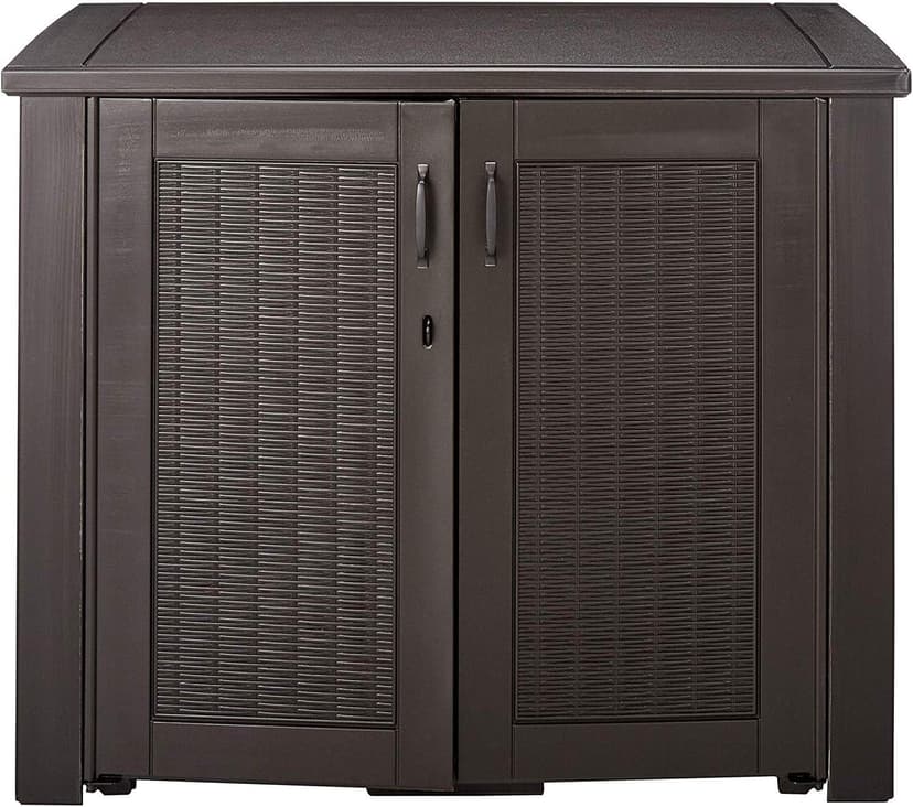 Rubbermaid Decorative Outdoor Storage Cabinet (123 Gal), Weather Resistant, Dark Brown, Organization for Home/Backyard/Pool Chemicals/Toys/Garden Tools/Porch/Patio Cushions