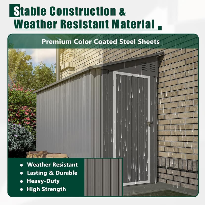 4x8 FT Outdoor Storage Shed with Floor,Lean to Metal Shed W/Lockable Door,All Weather Waterproof Garden Tool House W/ 2 Air Vents,for Backyard,Patio,Lawn,Garden,Gray