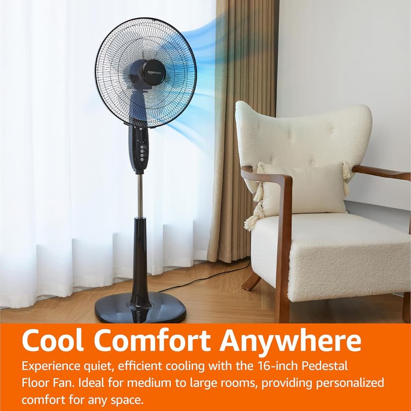 Amazon Basics 16" Pedestal Fan with Remote, Floor Fan, Standing Fan for Bedroom, Living Room, Office, with 3 Speeds, 3 Modes, Timer, Dual-Layered Blades, Adjustable Height, Tilt Head, 60W, Black