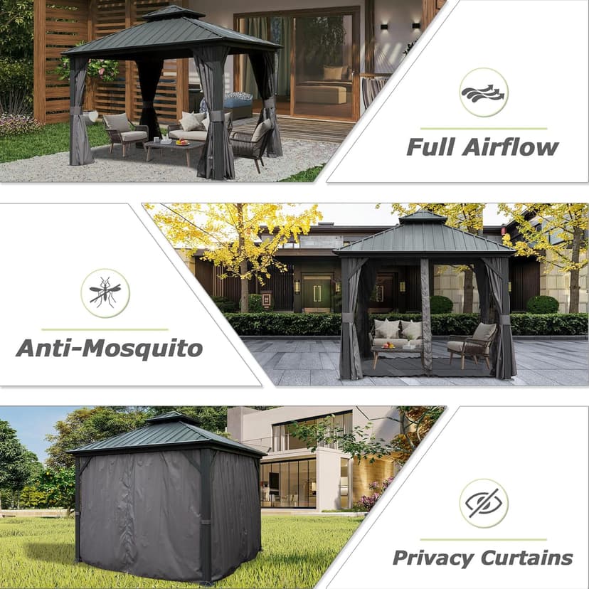 Domi 10' x 10' Hardtop Gazebo Outdoor Metal Gazebo with Galvanized Steel Double Roof Canopy, Curtains and Netting for Patio, Backyard, Deck, Lawn, Grey
