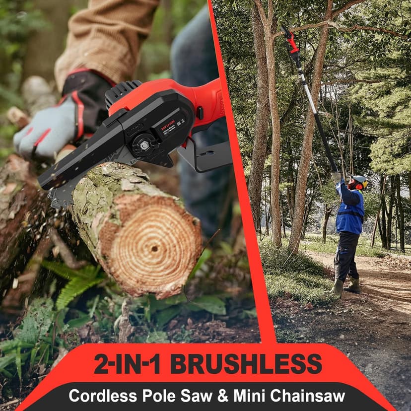 Cordless Pole Saw, 2-in-1 6" Battery Powered Pole Saws for Tree Trimming, 20V 2.0Ah Battery Mini Chainsaw with Pole, 15ft Reach Small Pole Saw for Wood Cutting, Trimming