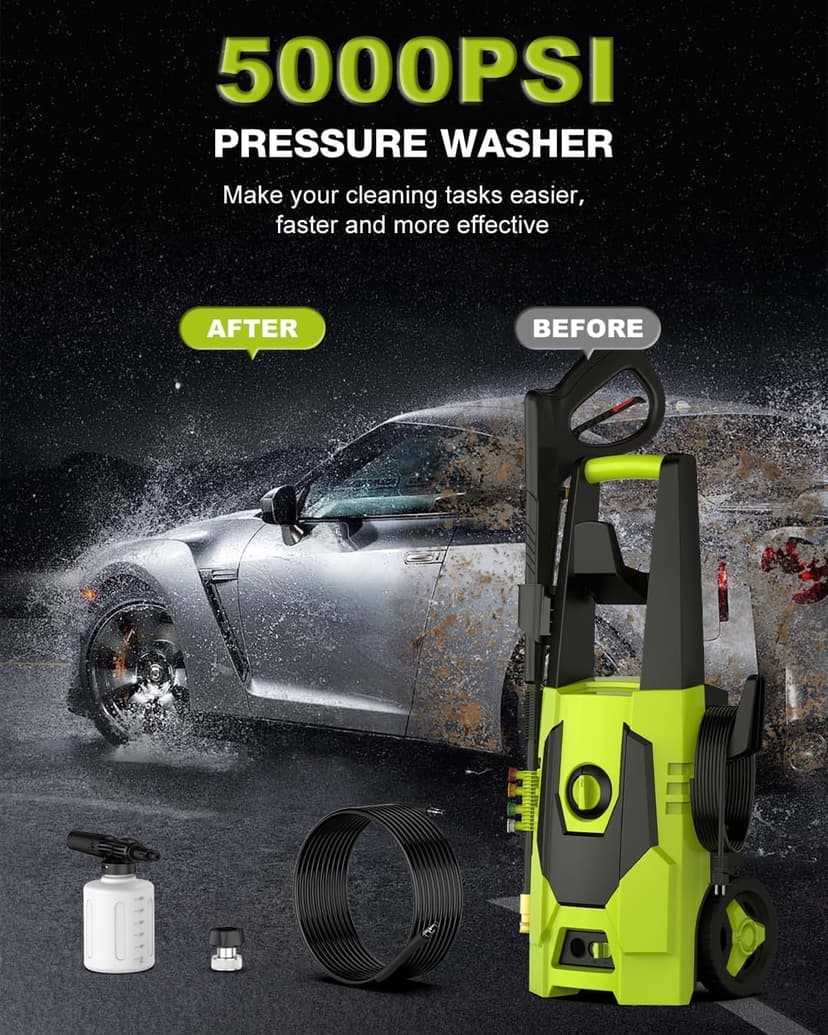 AgiiMan Electric Pressure Washer - 5000PSI Max 3.6GPM Power Washer with 35FT Power Cord, 20FT Hose, Soap Tank, High Pressure Washer Electric Powerd Car Cleaning for Garden, Patios, Yard, Green