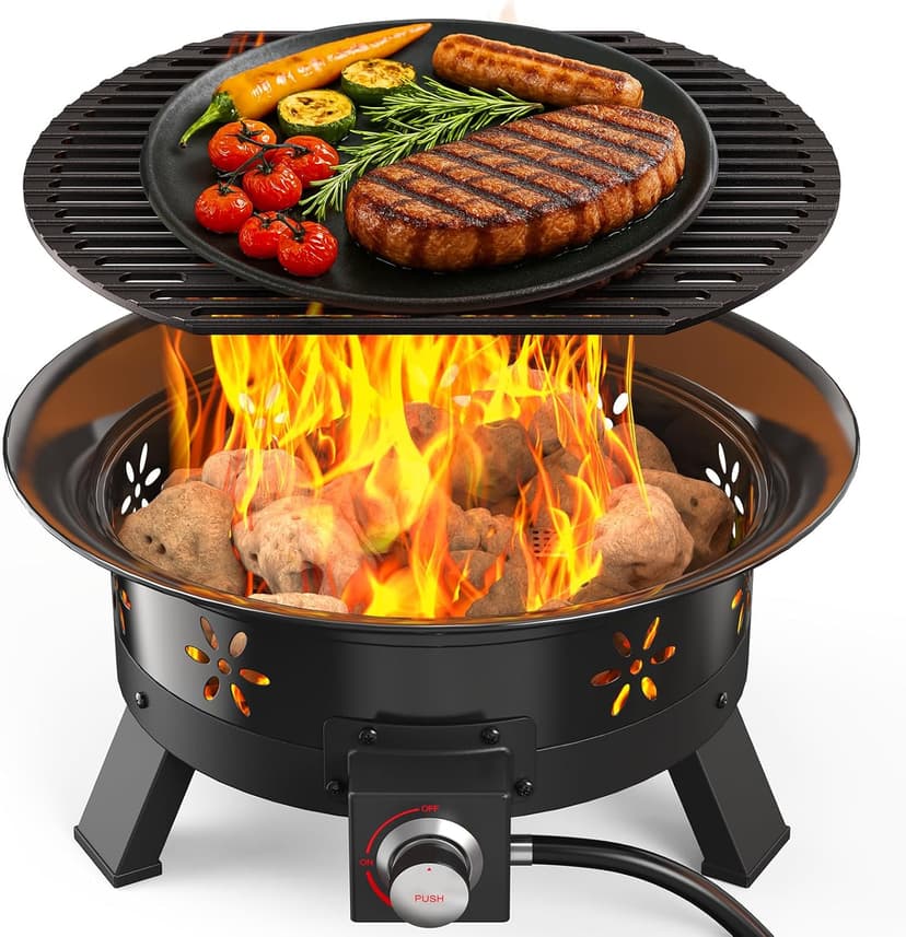 AMADA HOMEFURNISHING 19″ Propane Fire Pit with Grill Grate, 58,000 BTU, Folding Legs, Propane Tank Holder, Cover, and Carry Strap, No Ignition Needed, Easy Flame Adjustment, CSA-Certified, Portable