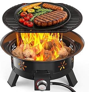 AMADA HOMEFURNISHING 19″ Propane Fire Pit with Grill Grate, 58,000 BTU, Folding Legs, Propane Tank Holder, Cover, and Carry Strap, No Ignition Needed, Easy Flame Adjustment, CSA-Certified, Portable