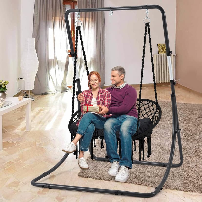 Hammock Chair Macrame Hanging Swing with Cushion,Hanging Cotton Ropes, Metal Frame, 450 lbs Capacity Indoor Outdoor, Patio, Balcony, Living,Deck, Yard, Garden(Double Swing)
