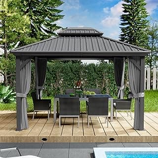 Kozyard Caesar 10'x12' Hardtop Gazebo - Permanent Metal Pavilion with Netting Shaded Curtains for Patio, Backyard, and Deck - Galvanized Steel Outdoor Aluminum Canopy, Double Roof Gazebo (Grey)